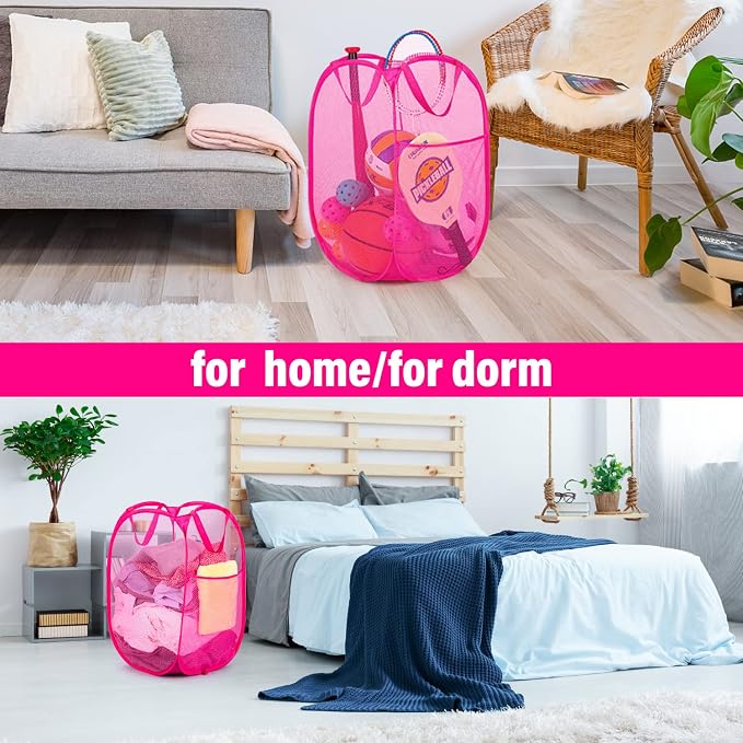 BATTOO Deluxe Strong Mesh Pop up Laundry Hamper Basket with Side Pocket for Laundry Room, Bathroom, Kids Room, College Dorm or Travel 3 Pack Blush