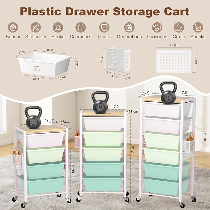Rolling Cart with Drawers, Rolling Storage Cart with Large Plastic Drawers & Wooden Tabletop, Utility Cart with Pegboards & Basket, Storage Drawers Cart for Living Room, Classroom, Bedroom, Office