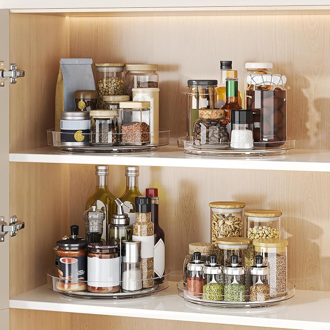 4 Pack Clear Lazy Susan, 9+10 Inch Turntable Organizer, Non-Skid Rotating Tray for Cabinet, Kitchen Pantry Organization and Storage, Acrylic Spinner for Refrigerator, Bathroom Vanity and Spice Rack