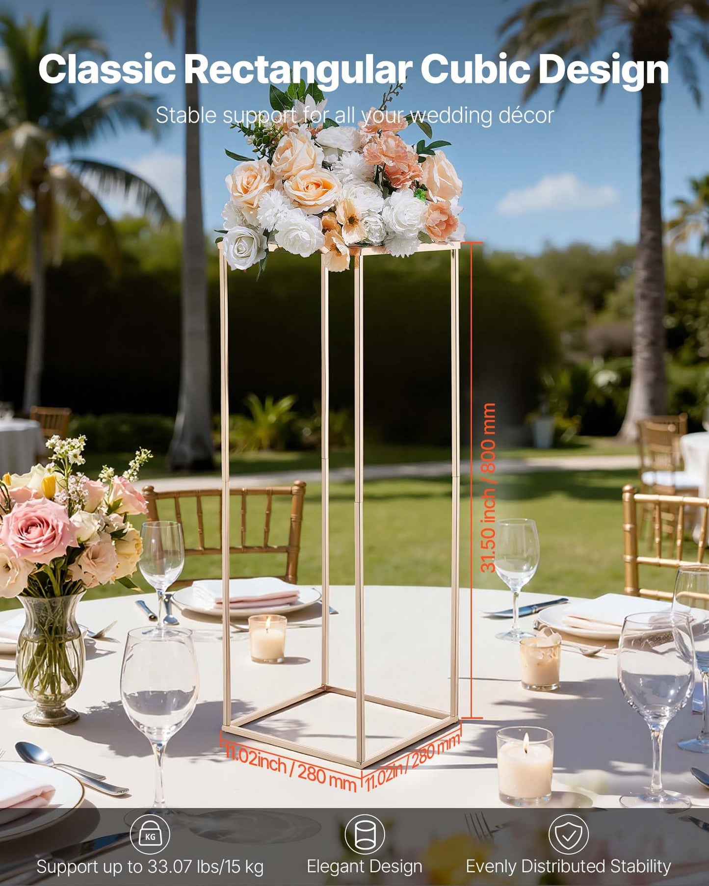 VEVOR Wedding Flower Stand, 10PCS 31.5-inch Column Flower Stand, Floral Stands with Metal Laminate, Rectangular Floral Display Rack for Wedding, Party, Birthday, Home,French Gold Centerpiece Stands
