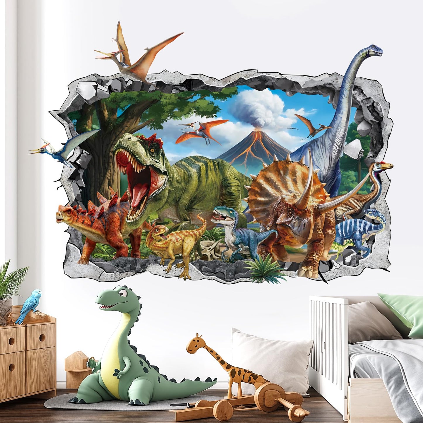 decalmile 3D Dinosaur Wall Stickers Large Dino Crack Hole Dinosaur Animals Volcano Wall Decals Boys Room Baby Nursery Kids Bedroom Wall Decor