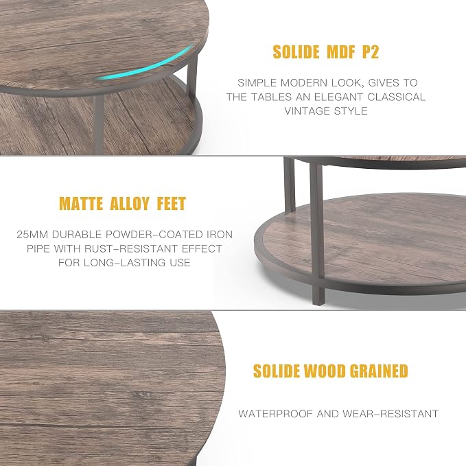 NSdirect Round Coffee Table, 36” Coffee Table for Living Room, 2-Tier Wood Desktop & Sturdy Metal Legs Table Home Furniture with Storage Shelf (Walnut)