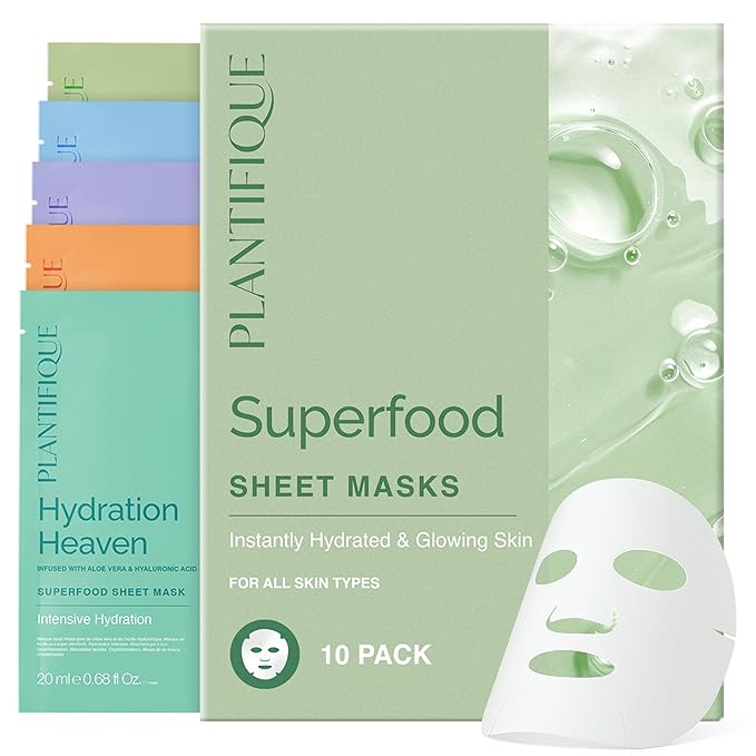 PLANTIFIQUE Superfood Facial Sheet Mask Variety Box 10 Pack ??2x Coconut, Aloe, Vitamin C, Centella & Collagen Face Masks ??Hydrating & Glow-Enhancing ??For All Skin Types