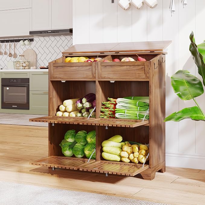 Potato and Onion Storage Bins Box, Mid Century Modern Tall Large Fruit and Vegetable Basket Storage, Walnut 4 Doors Kitchen Pantry Cabinet for Snack, Wooden Bread Storage, 3 Tier, Magnetic Flip-top