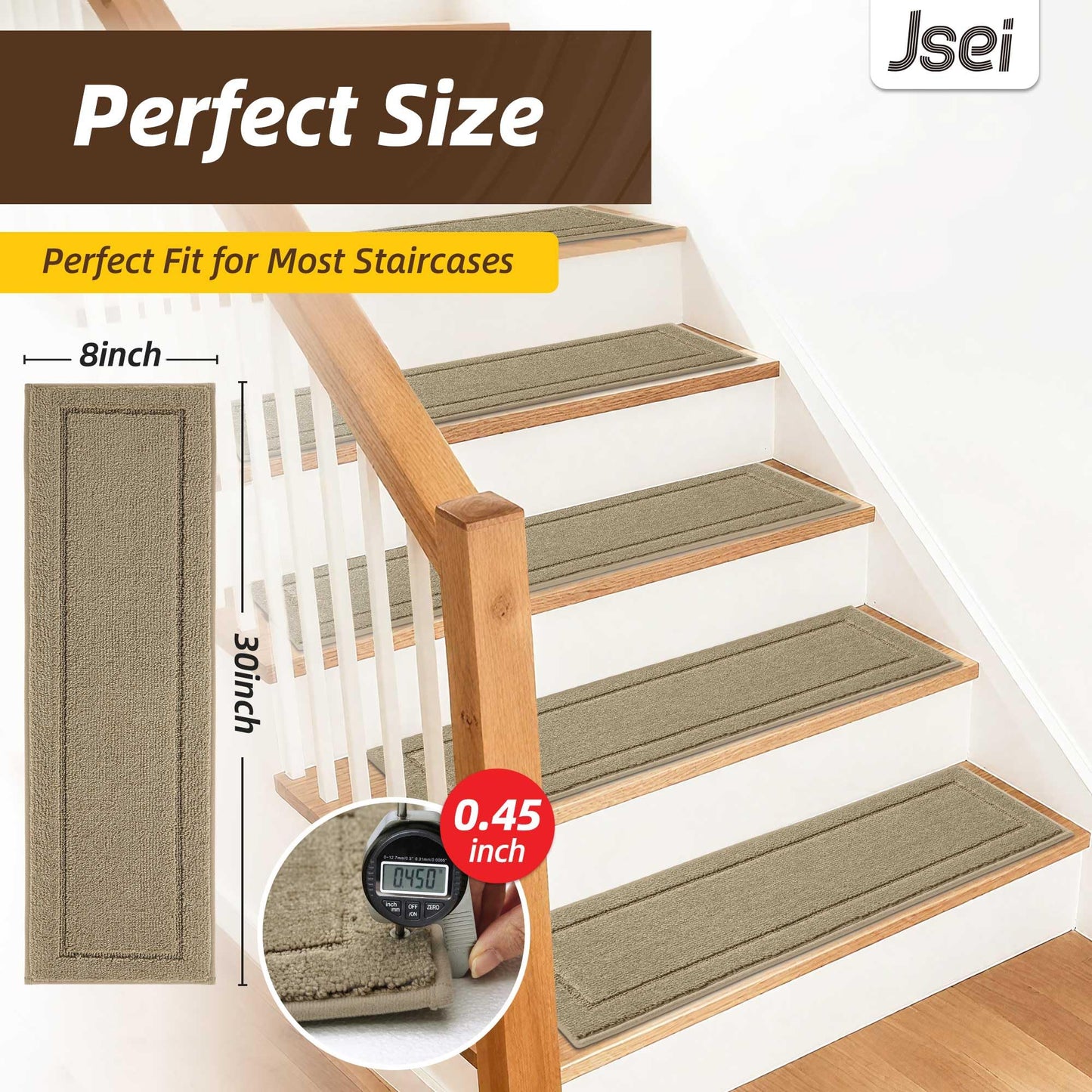 Non-Slip Stair Treads for Wooden Steps Indoor, 15 Pack 8" X 30" Edging Stair Rugs with TPE Backing, Carpet Stair Treads for Kids Elders & Pets, 100% Polyester Soft Stair Runners, Beige
