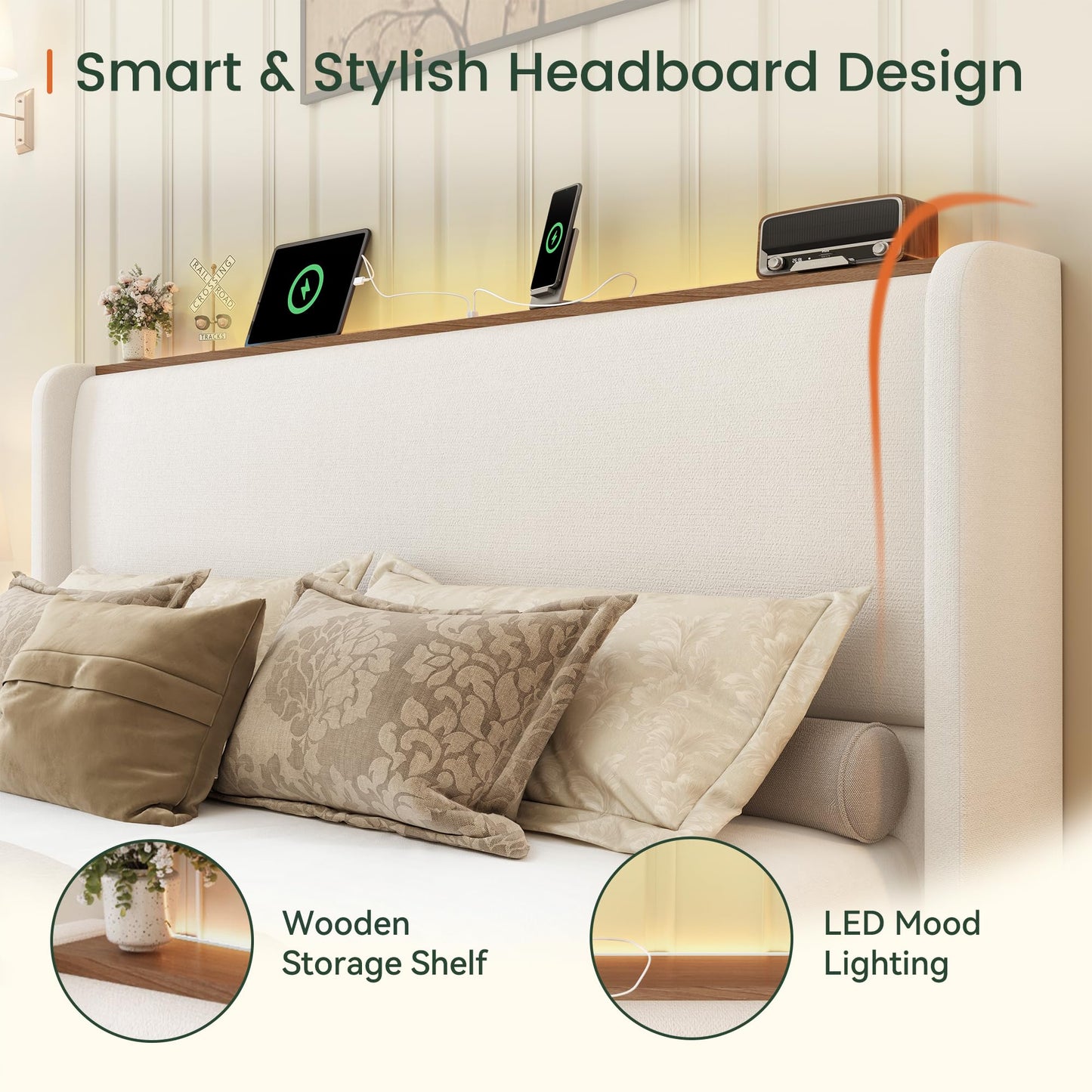 LARMACE Queen Size Bed Frame with LED Lights and Charging Station Linen Upholstered Platform Bed Frame with 51.2" Tall Headboard Wingback and Storage Shelf, No Box Spring Needed, Noise Free, Beige