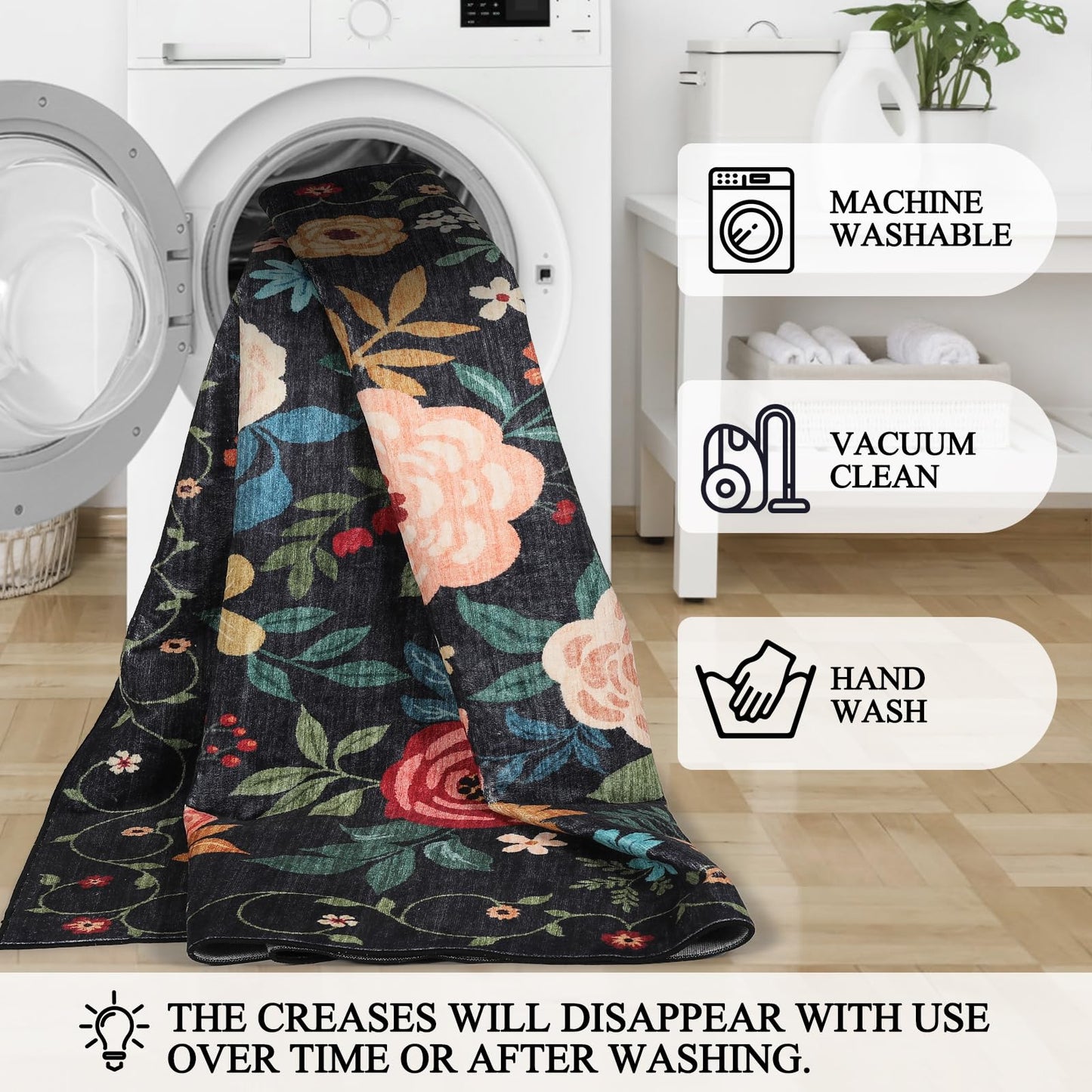 DUKINO 2x3 Rugs for Entryway, Floral Indoor Washable Door Mat, Non Slip Boho Small Rug for Kitchen, Soft Low Pile, Front Door Throw Rug for Entrance, Bedroom, Kitchen, Laundry, Bathroom, Black