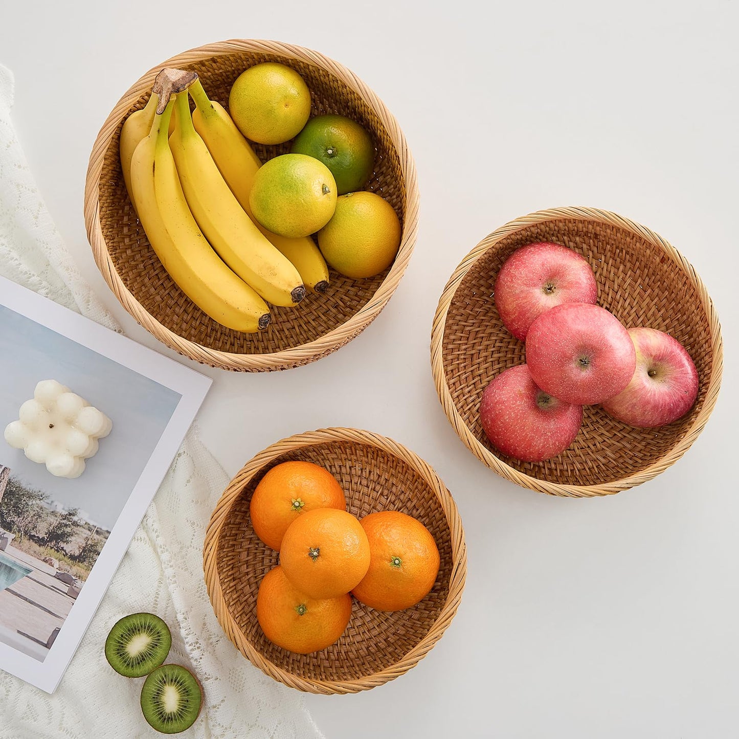 Hand-Woven Stackable Rattan Basket, Set of 3, Fruit Bread Serving Bowls, for Farmhouse Kitchen Storage & Decor