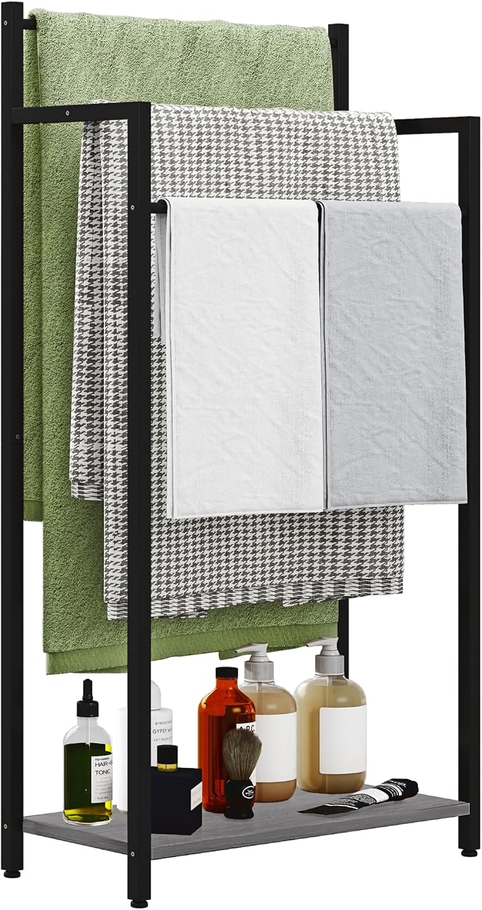 Freestanding Towel Rack, 3 Tier Blanket Ladder Stand with Oak Grey Wooden Shelf for Bathroom Living Room (31.5" H x 16.9" W x7.9 D)