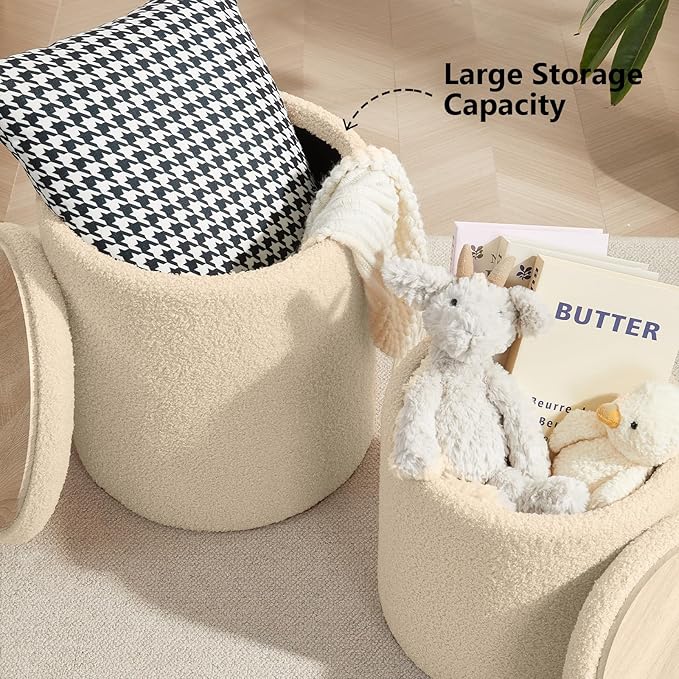 Royal Windsor Boucle Round Ottoman with Storage Set of 2,Small Foot Stool Ottoman for Living Room, Small Coffee Table,Vanity Stool with Storage for Bedroom, Beige