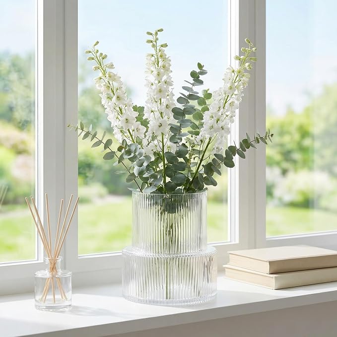 Ribbed Glass Vase, Flower Vase, Fluted Clear Vases for Flowers, Modern Vases for Living Room, Dining Table, Entryway, Shelf, Wedding, Office, Coffee Table, Birthday, 7.5 Inches