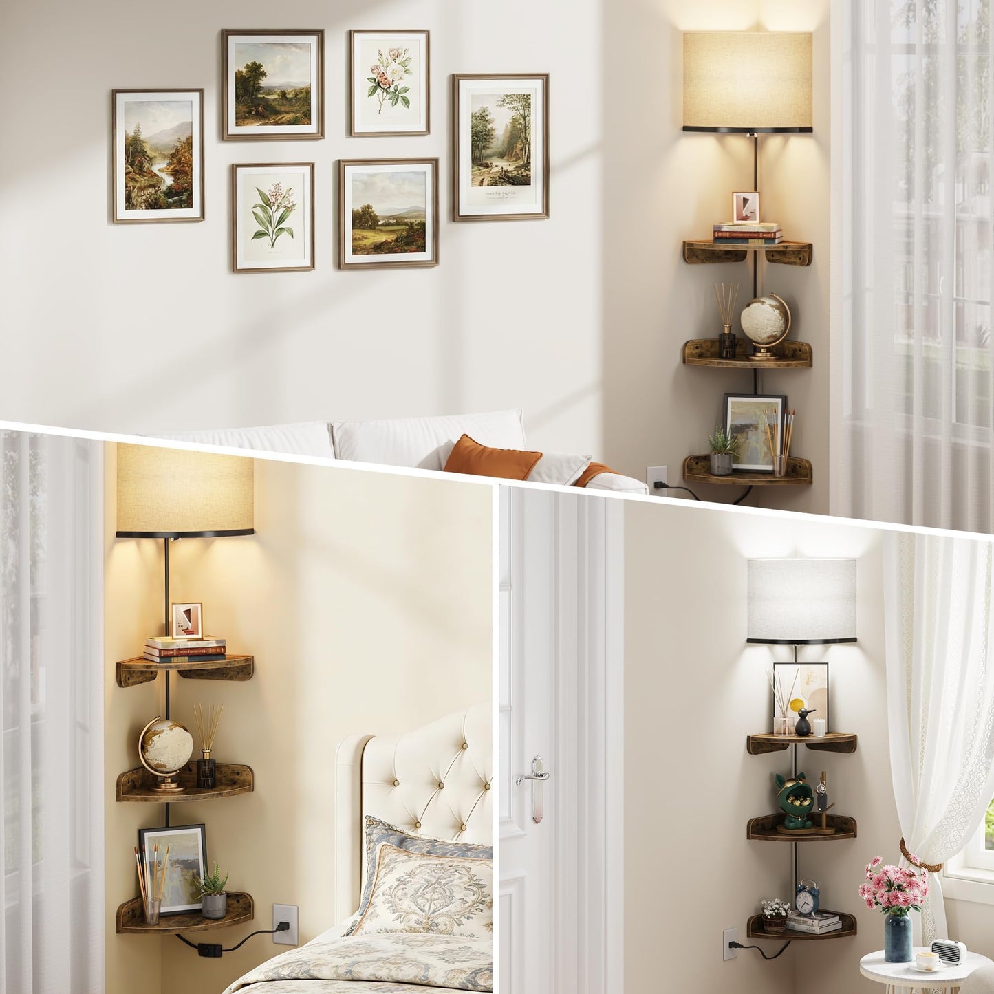YAOHUOO Corner Shelf Wall Mounted with Light, Set of 3 Corner Floating Shelves with Cord Hole for Cable Box, Round End Wall Mounted Floating Shelf for Bedroom, Living Room and Kitchen, Rustic Brown