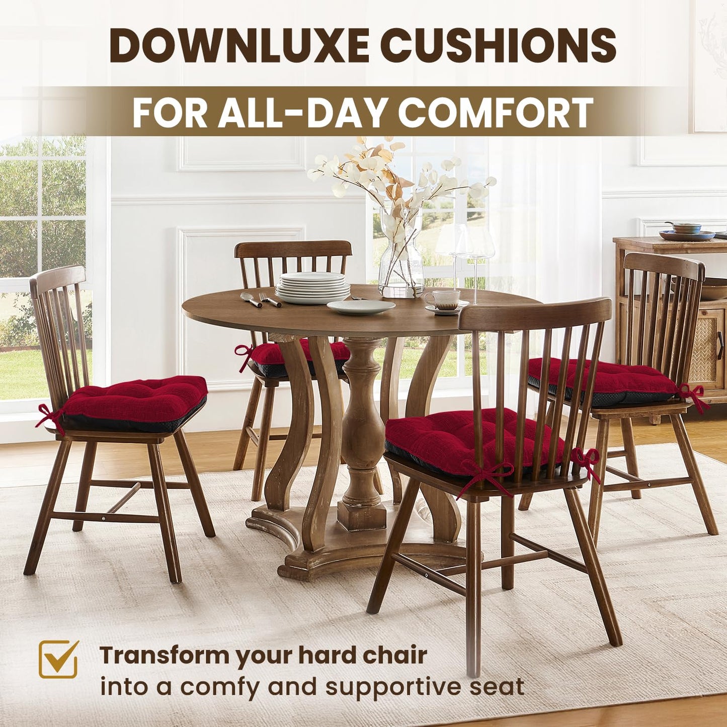 downluxe Indoor Chair Cushions for Dining Chairs, Tufted Overstuffed Textured Kitchen Chair Pads with Ties and Non-Slip Backing, 15.5" x 15.5" x 4", Red, 6 Pack