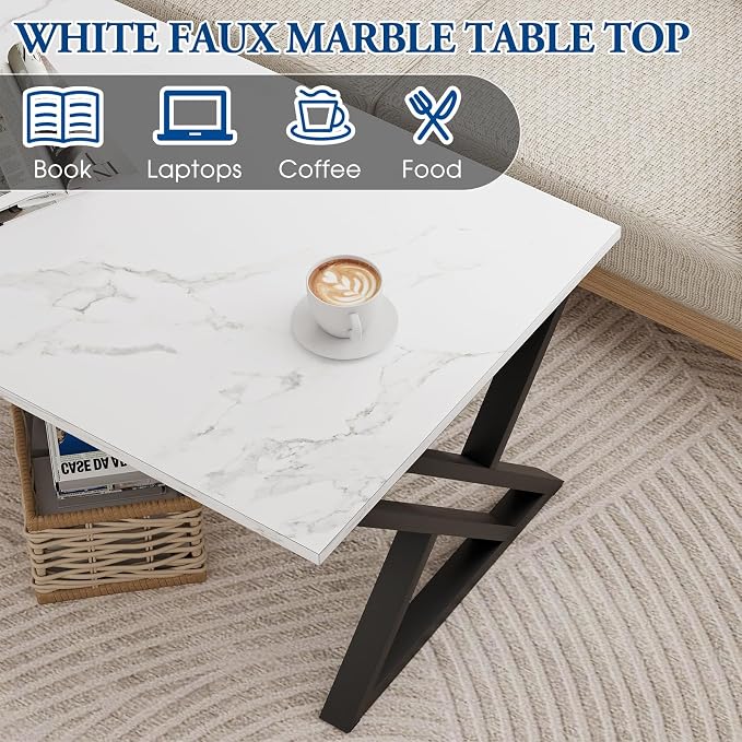 Wolawu Coffee Table White Living Room Center Table, Simple Modern Faux Marble Rectangular Tea Table with Sturdy Black Metal Frame,Industrial Wooden Coffee Table for Bedroom Home Office