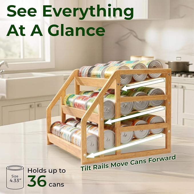 HOMESTEAD Bamboo Can Organizer for Pantry - 3 Tier Rack with Adjustable Dividers, Gravity Feed Canned Goods Organizer, 36 Cans Soda Storage