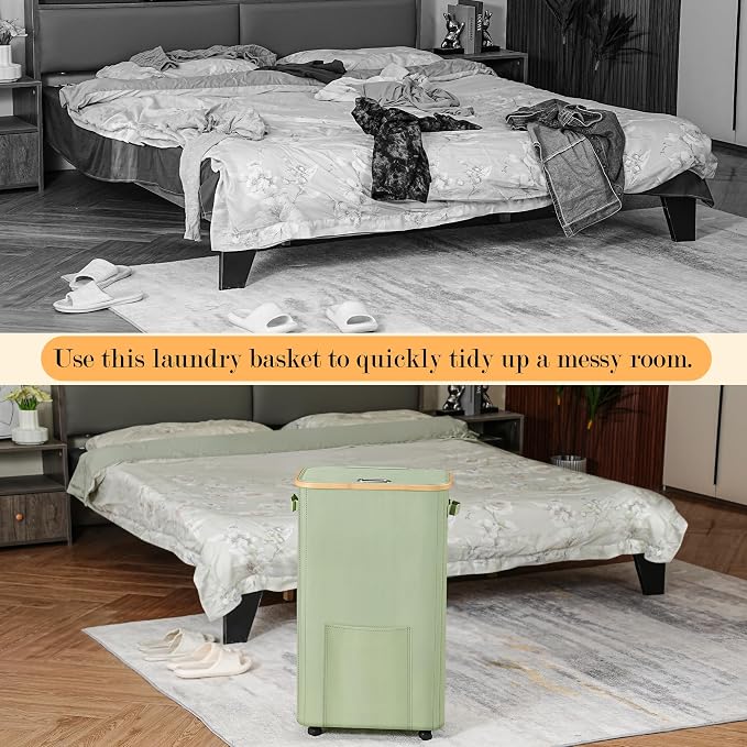 Vincona Laundry Basket with Wheels, Dirty Clothes Hamper on Wheels, Rolling Tall Laundry Hamper with lid for Laundry Room, Dorm and Bathroom, 75L Sage Green