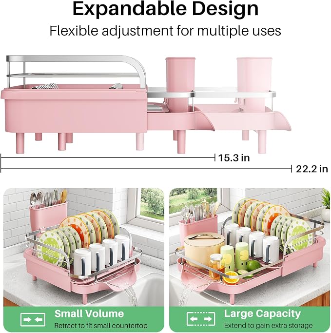 SAYZH Dish Drying Rack - Expandable Dish Rack for Kitchen Counter, Rust-Resistant Dish Drainer with Utensil Holder and Raised Guardrail, Kitchen Organizer for Cup and Bottle (Pink)