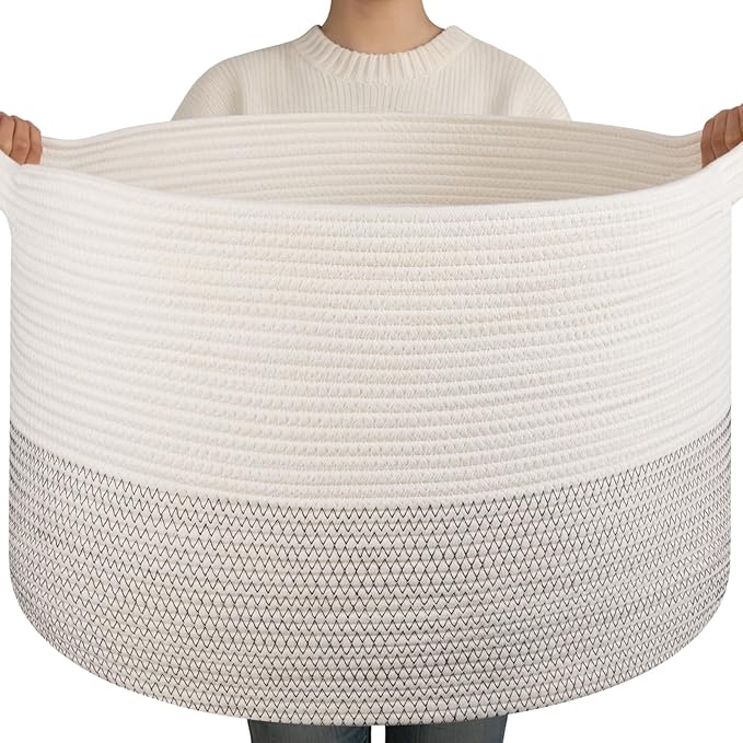 OIAHOMY 90L XXXLarge Blanket Basket for Living Room, 21.7" x 13.8" Woven Cotton Rope Laundry Basket for Organizing Pillows, Decorative Stuffed Animal Toy Storage for Nursery, Black and White
