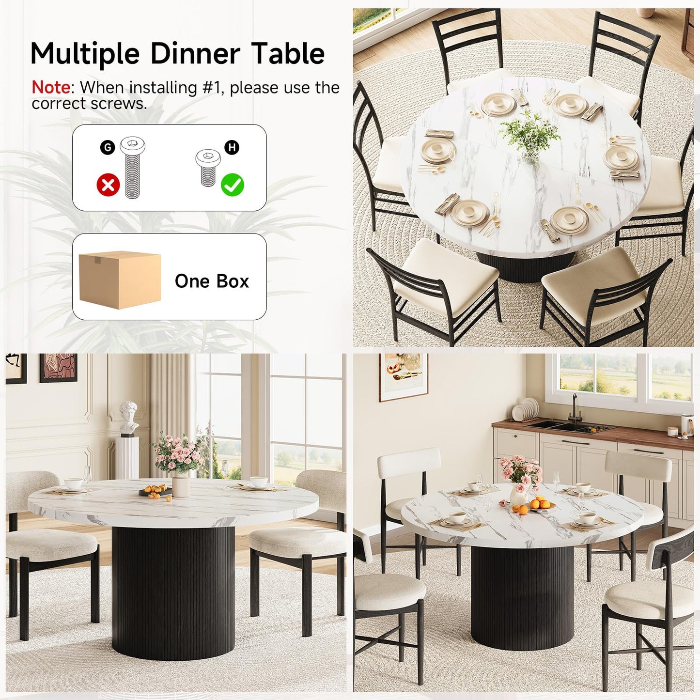 Round Kitchen Dining Table for 4-6 People, 47 inch Mid-Century Circle Dinner Tables, Rustic Wood Base in Fluted Design, Space Saving Dining Room Furniture, Large Table Only for Family Party, Marble