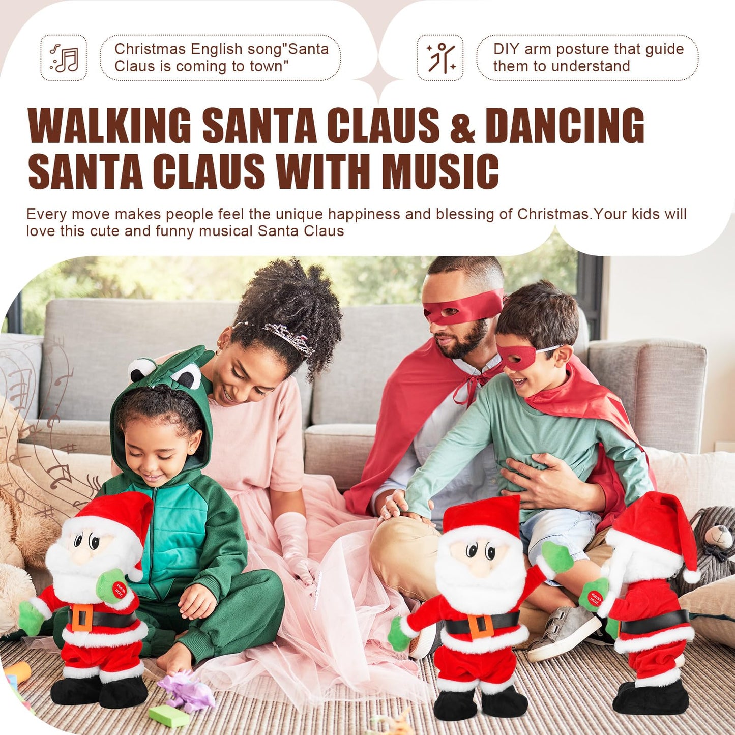 SdeNow Musical Dancing Santa Claus Plush Toy Animated Singing Walking Santa Doll Funny Wiggling Christmas Stuffed Santa Holiday Decoration Xmas Gift for Kids Family