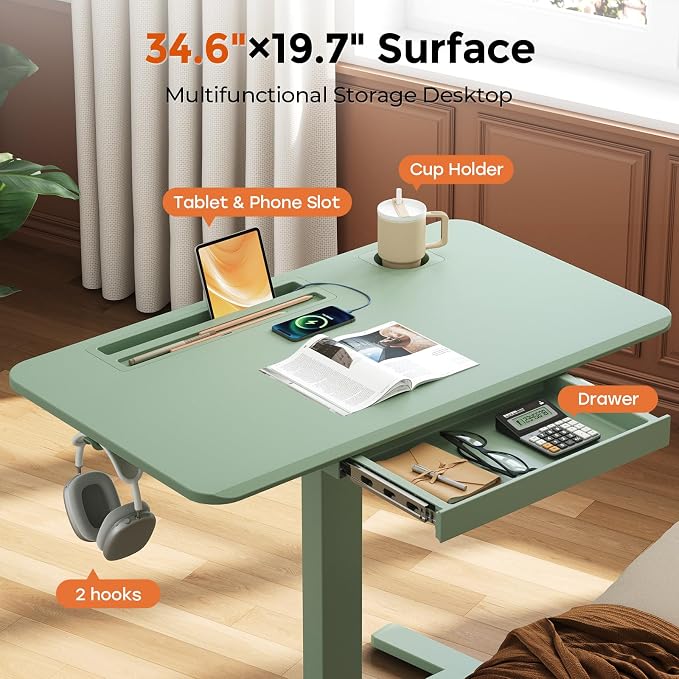 Mobile Standing Desk with Drawer, 35" Small Standing Desk with Cup Holder, Rolling Laptop Cart on Wheels, Height Adjustable Table with Storage for Home Office, Sage Green