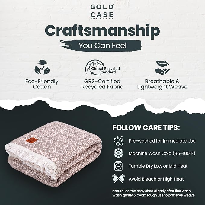 Gold Case Throw Blanket for Bed - 100% Recycled Turkish Cotton Blanket - Retro Lightweight Soft Throw Blankets for Bed & Living Room - Twin Size Cozy Blankets - 71x90 - Beige