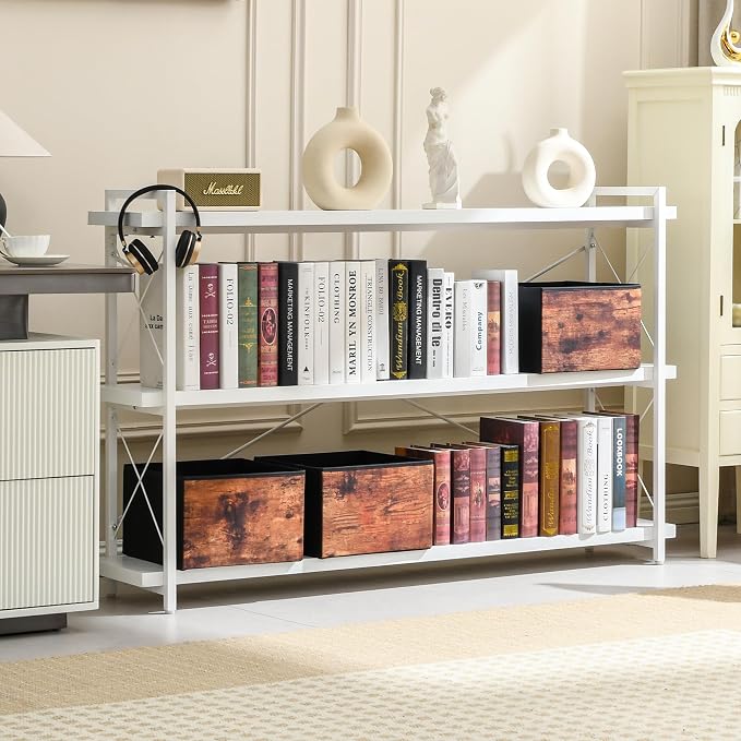 HCHQHS Bookshelf, 3-Tier Long Industrial Bookcase, White Open Book Shelf, Freestanding Horizontal Bookshelves with Metal Frame