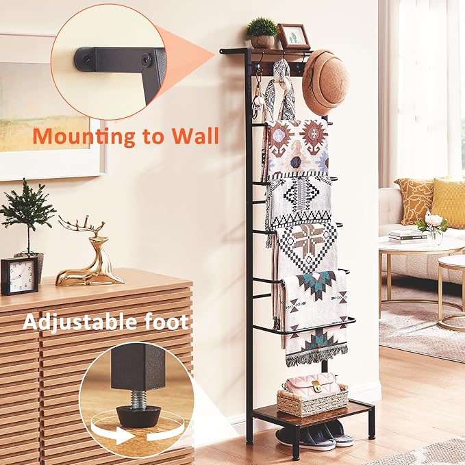 DGWJSU 7 Tier Blanket Ladder for The Living Room and Bedroom, 5.12 Ft Farmhouse Ladder Shelf with 2-Tier Storage Rack, Decorative Ladder with 4 Coat Hooks, Blanket Rack,Ladder Shelves