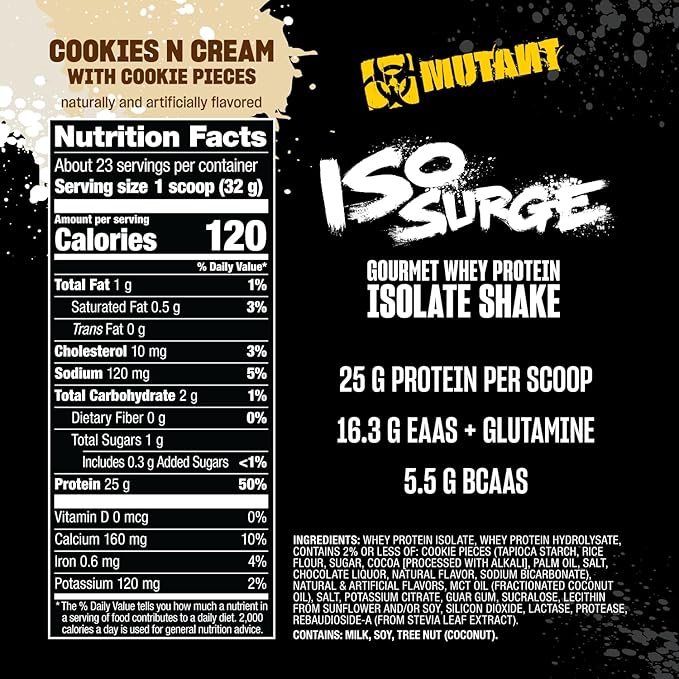 Mutant ISO Surge Whey Protein Isolate Powder Acts Fast to Help Recover, Build Muscle, Bulk and Strength, 1.6 lb (Cookies & Cream)
