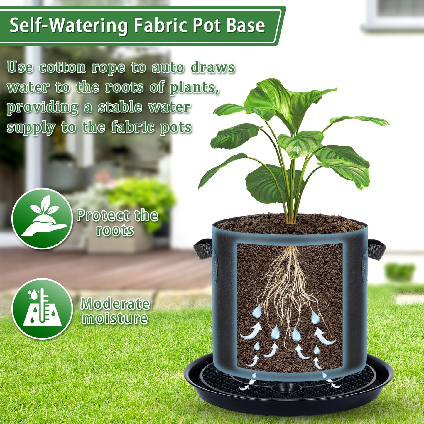 POILKMNI 4 Pack 14 Inch Self-Watering Fabric Pot Base, Auto Irrigation Plant Saucer Tray for 5 Gallon Grow Bags, Elevated Plant Stand with Wick System for Indoor Outdoor Garden Greenhouse Grow Tent