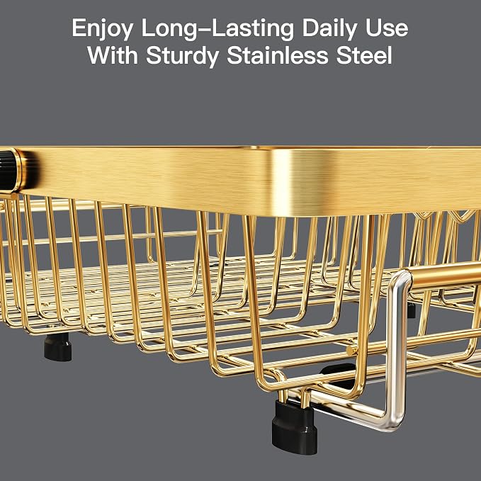 MAJALiS Gold Dish Drying Rack Over The Sink with Utensil Holder, Mat | Expandable Stainless Steel Dish Drainer for Small Kitchen, Apartment, RV, Counter Space Saving, Perfect Fit, Rustproof