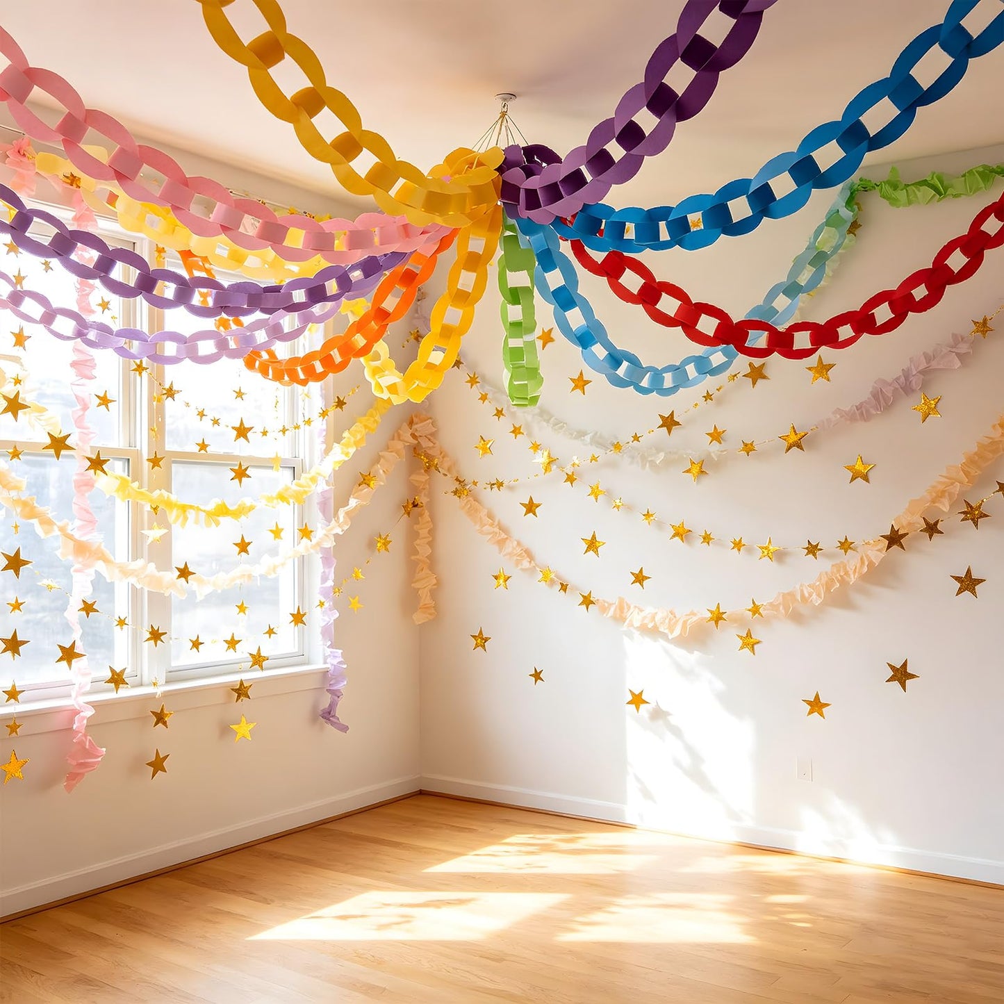 Yquqwn Pastel Paper Chain Garland Kit - 492ft Crepe Paper Streamers & 300 Sheets Paper Strips for Chains - 26ft Double-Sided Gold Star Garland for Birthday, Wedding, Macaron Party Decorations