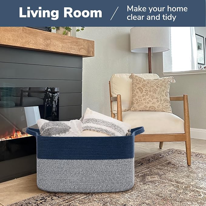 Goodpick Large Blanket Basket 22" x 17" x 12" Woven Storage Baskets for Organizing, Decorative Cotton Rope Basket for Living Room Home Decor, Toy Baskets for Kids, Mixed Blue
