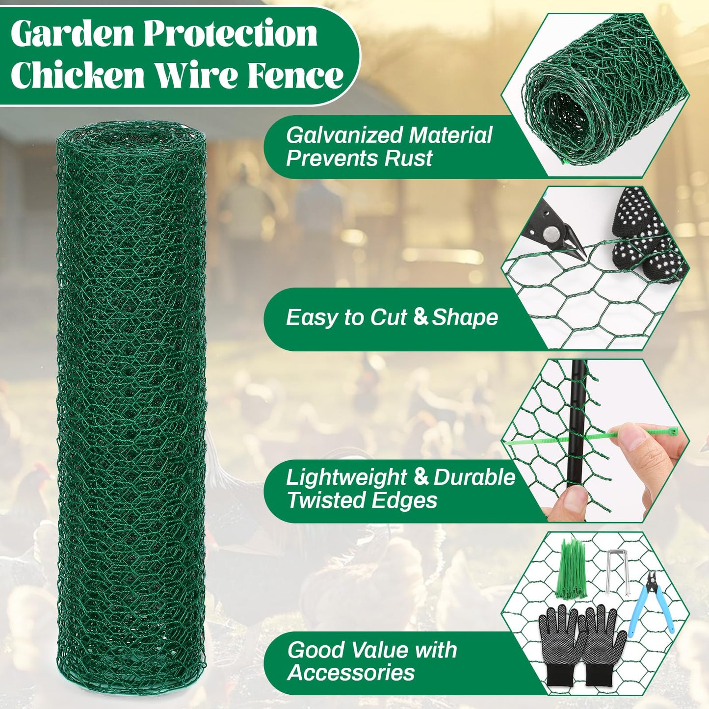 15.7 x 120 Inch Plant Protectors from Animals 0.8mm Free-Cut Metal Mesh Plant Cages for Outdoor Plants Chicken Wire Cloche, Wire Plant Protector for Garden Wire Mesh with Gloves, Wire Ties, Plier