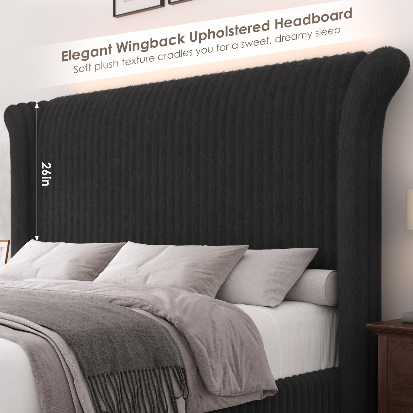 Keyluv Queen Bed Frame with 54” Tall Faux-Fur Wingback Headboard, Upholstered Platform Bed with LED Light, Mattress Foundation with Solid Wooden Slats Support, No Box Spring Needed, Noise-Free, Black