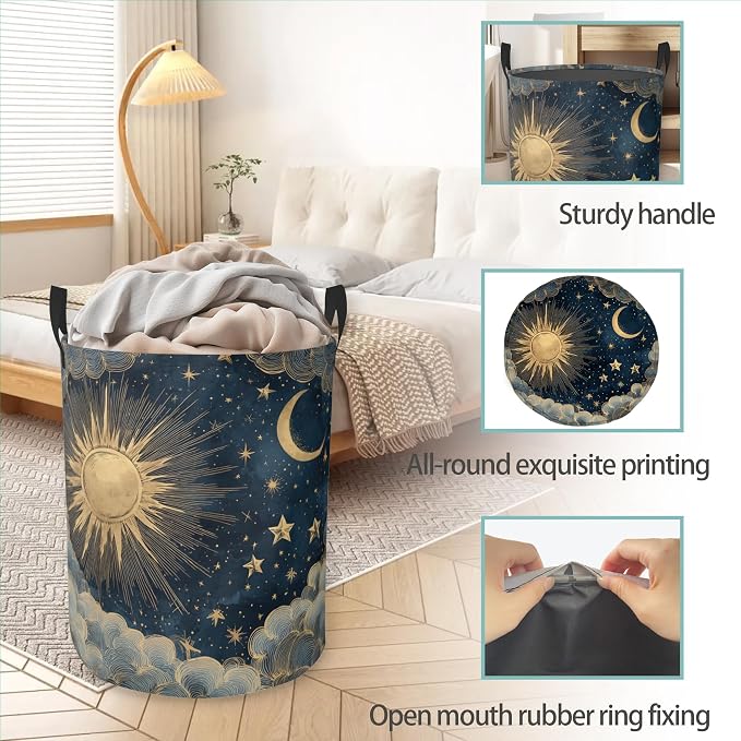 Boho Sun Moon Round Laundry Basket Collapsible Laundry Hamper with Handles Toys Clothes Organizer Bin For Home Bathroom Bedroom Dorm Nursery