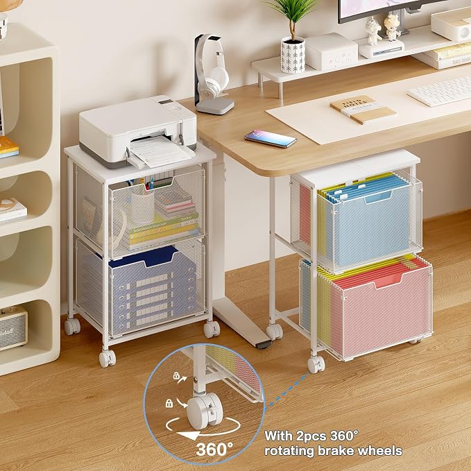 Sbanmao Letter/Legal Rolling File Cabinet, Rolling File Cart with 2 Drawers Filing Cabinet for Home Office, Hanging File Folders Organizer for Under Desk Storage, Mobile Printer Stand, White