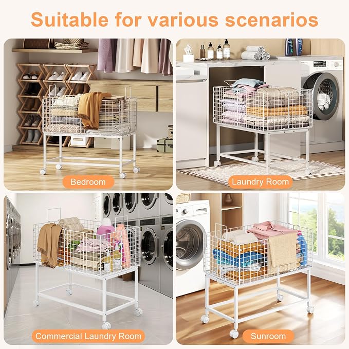 Large Rolling Laundry Basket Cart,Wire Laundry Hamper Cart with Handle and Wheels,White High Laundry Hamper for Laundry Room,Bedroom and Bathroom-120L White (29.5"L*19.7"W*27.95"H inch)