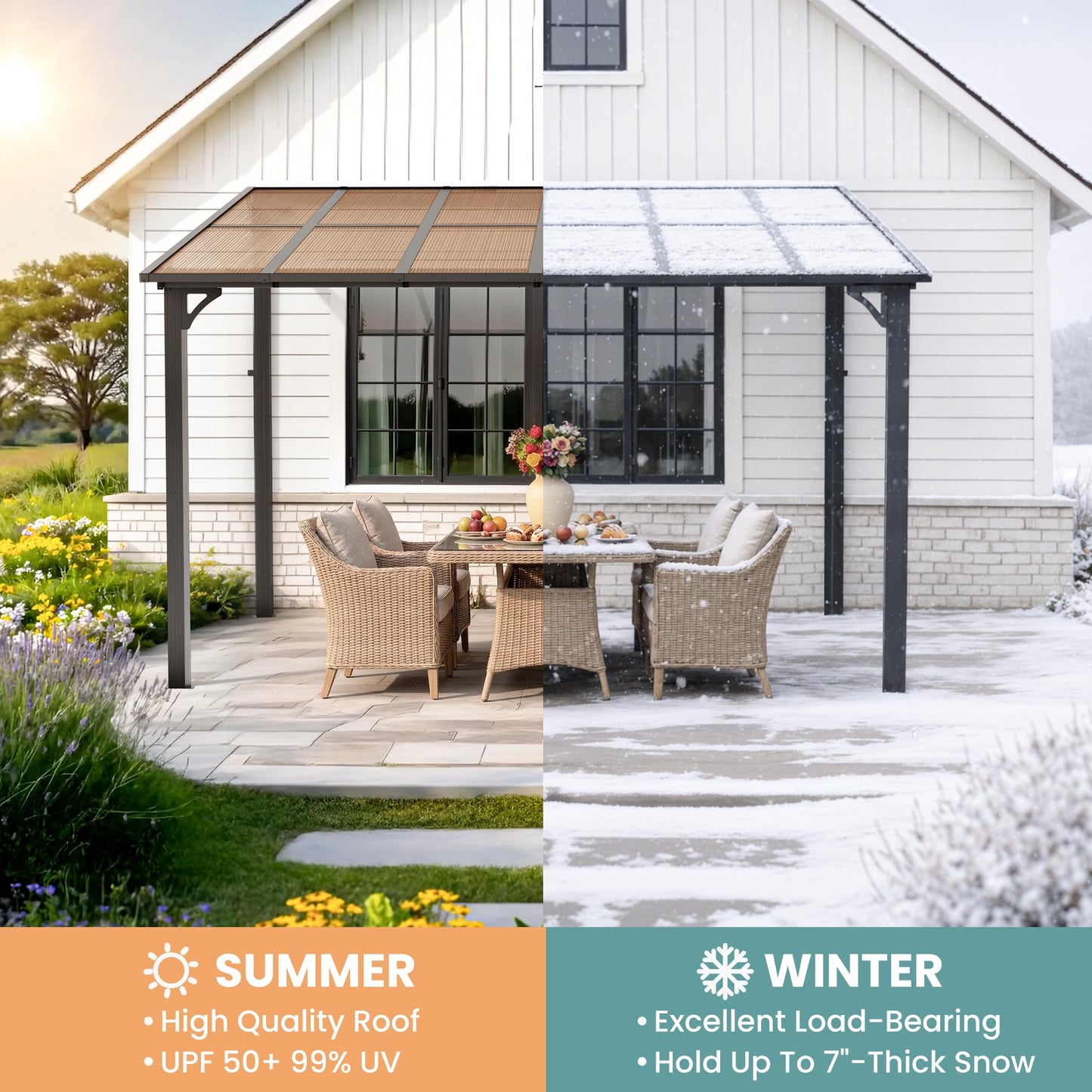Pamapic 10x12FT Wall Mounted Gazebo, Hardtop Lean to Gazebo with Aluminum Frame & UV Resistant Polycarbonate Roof, Outdoor Patio Awning for Deck, Porch, Lawn & Backyard