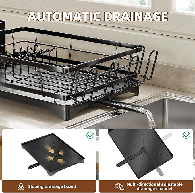 Simple Trending Dish Drying Rack for Kitchen Counter, Stainless Steel Dish Rack, Large Dish Drainer Organizer with Cutlery Holder & Cup Holders, Black