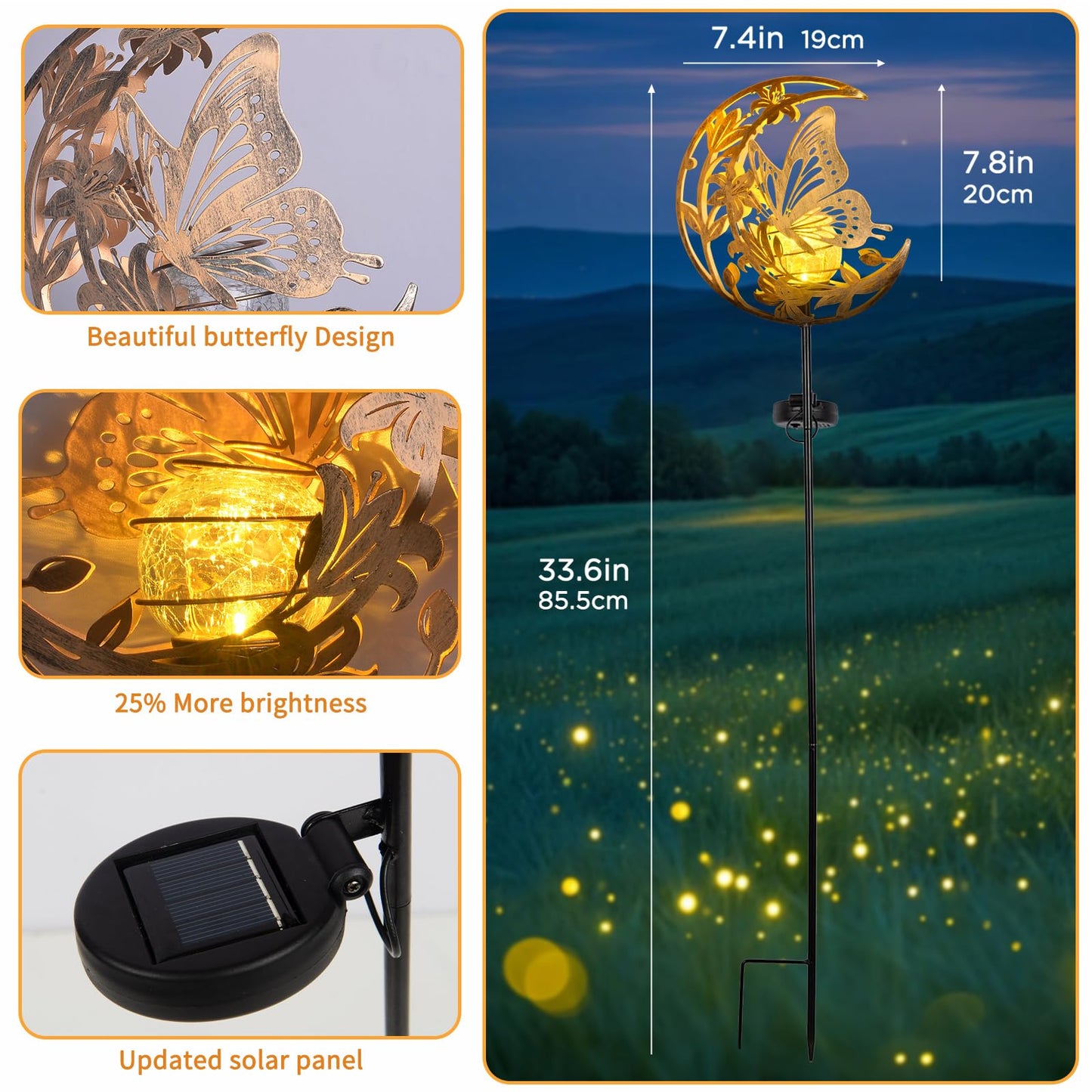 ShangTianFeng Butterfly Lights Outdoor Decor - Moon & Bird SolaGardenLights Waterproof, Auto On/Off Pathway Lighting for Yard/Lawn/Patio, Handcrafted Metal Solar-Stake-Lights for Outside Decorations