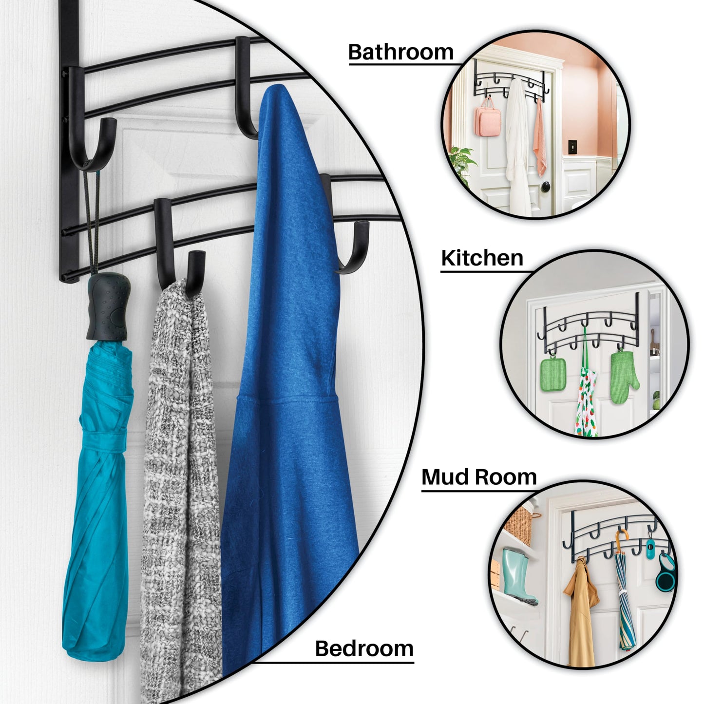 LYNK Professional® Home™ Over the Door Hooks - 9 Hook – Over the Door Coat Rack - Over the Door Hanger - Hanging Towels or Clothes - Bathroom, Bedroom, Laundry Room - Lifetime Ltd. Warranty, Black