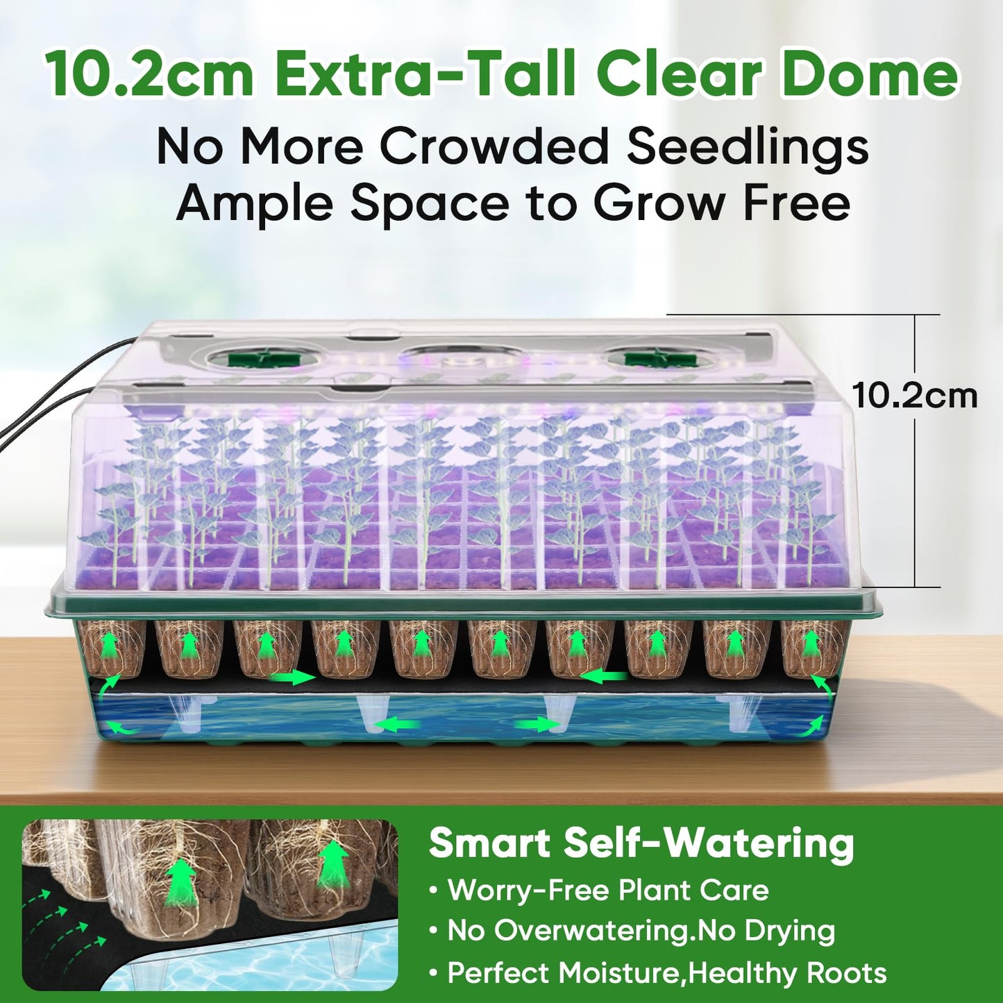 BlumWay 120-Cell Self-Watering Seed Starter Tray with Grow Light, 1-24H Timer, Seed Starter Kit with 4.02" Humidity Dome, Seedling Tray for Indoor Plant Starter, Plant Germination Trays-Green