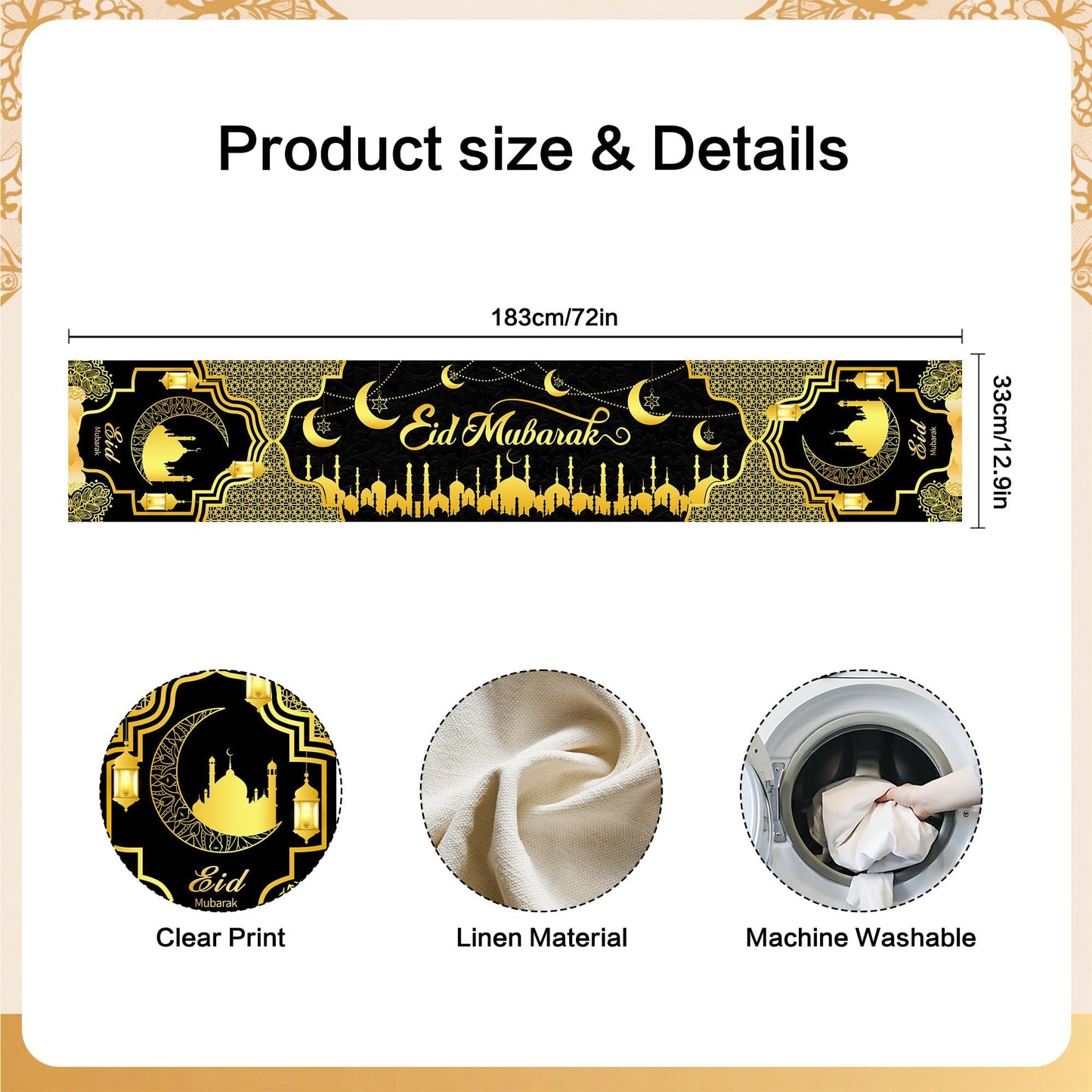 Ramadan Mosque Linen Table Runner: Black and Gold Mosque Moon Tablerunner Muslim Eid Al-fitr Eid Mubarak Perfect for Ramadan Party Home Kitchen Dining Mantel 13×72Inches(1 Pcs)
