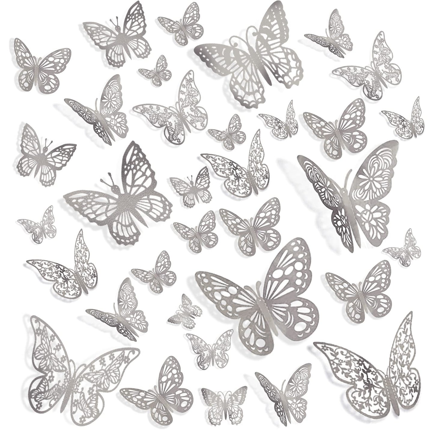 144 Pcs 3D Butterfly Wall Stickers Decor 6 Styles 3 Sizes, Silver Removable Butterfly Decals Room Wall Decor for Kids Nursery Classroom, Wedding, Party, Baby Shower
