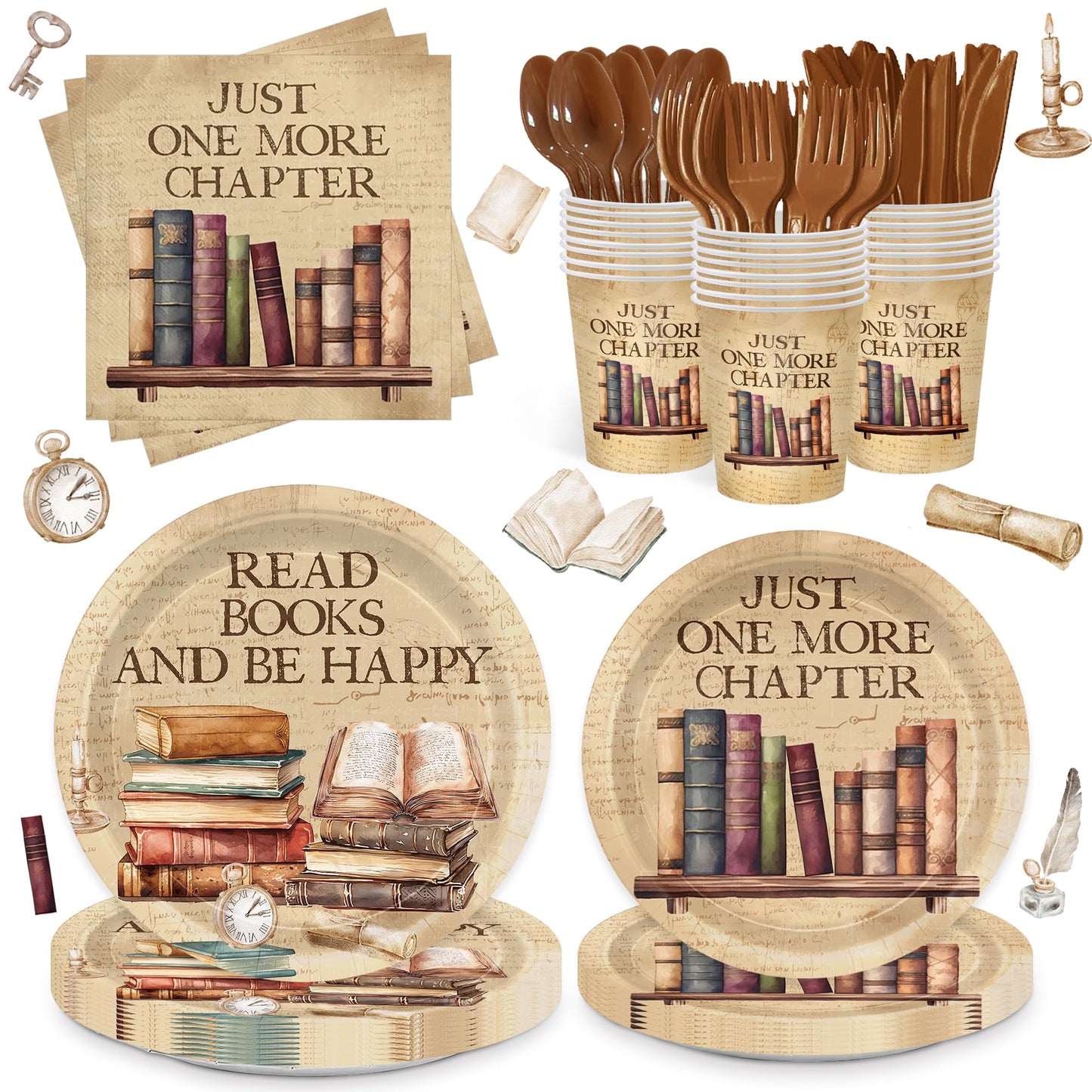 168pcs Vintage Book Party Plates Napkins Party Book Club Theme Birthday Supplies Library Reading Tableware Set Paper Cups Disposable Forks for Birthday Party Supplies Serve 24