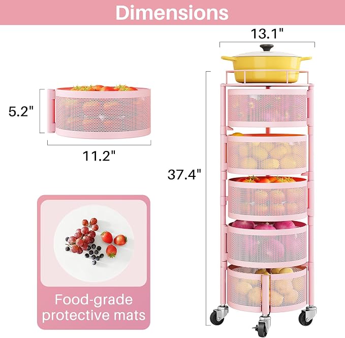 SNTD Fruit and Vegetable Basket Bowls for Kitchen with Metal Top Lid, 5 Tier Rotating Storage Rack Cart for Potato Onion Bread Banana, Wire Basket Organizer on Wheels, Large, Pink