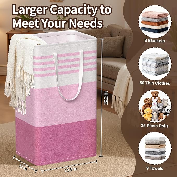 WOWBOX 2 Pack Laundry Baskets, Laundry Hampers, Freestanding Dirty Clothes Hampers with Reinforced Handles & Cross Stitch & Waterproof Coating, for Laundry Bedroom Bathroom Dorm,88L Pink