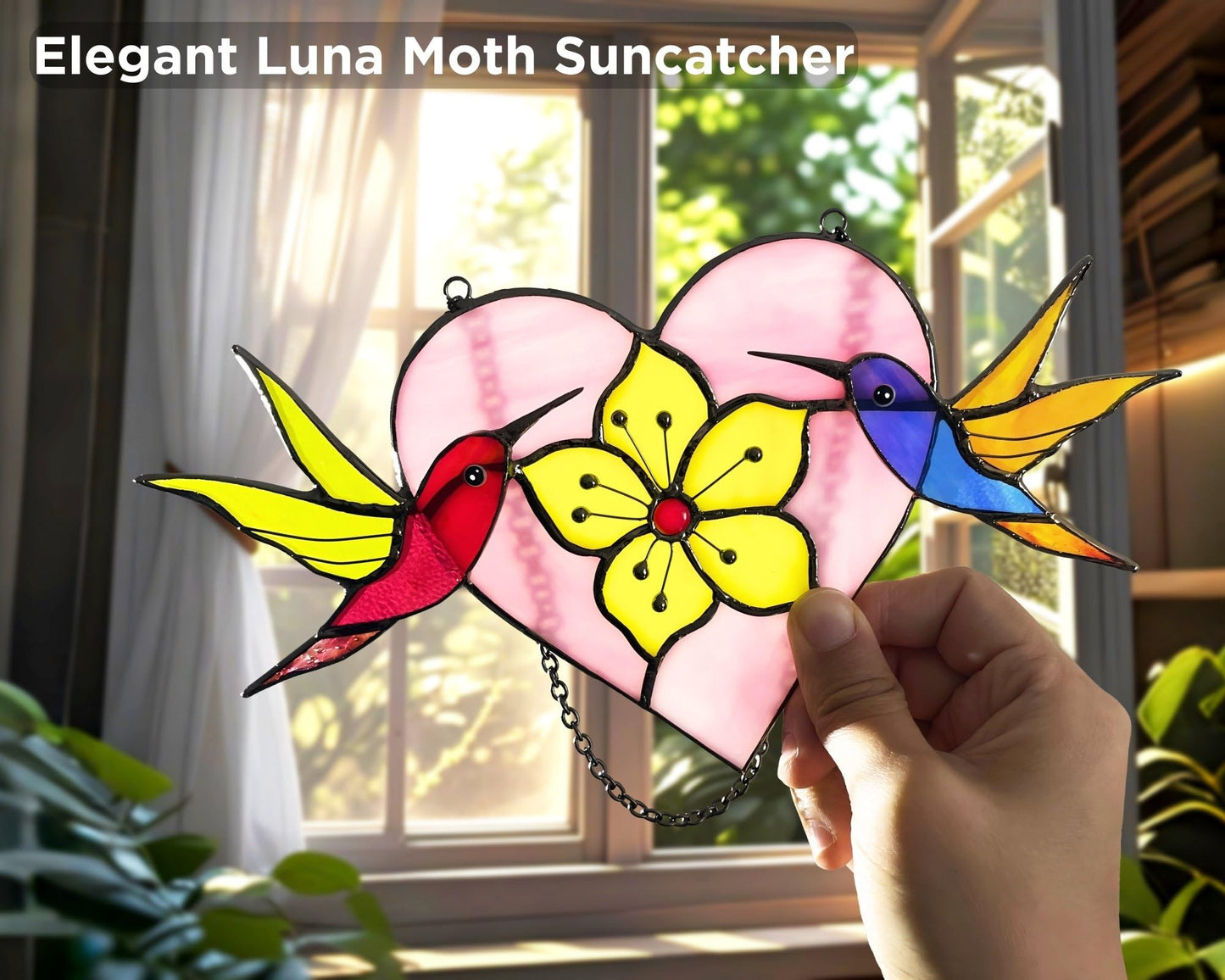 AuroAura Pair of Hummingbirds Stained Glass Window Hanging - Gifts for Women, Mom, Grandma, Mother - Handmade Real Glass Birds Suncatcher - Elegant Gifts Box Heart Figure Home Decor (H4.4xW8.7 Inch)