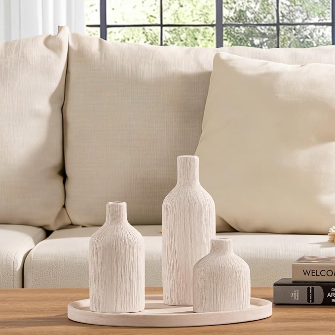 Ceramic Vase Home Table Decor - White Flower Vase Set of 3 Living Room Kitchen Decorations Farmhouse Modern Rustic Vases Decorative Centerpiece for Shelf Bedroom Office Bathroom Dining Coffee Desk